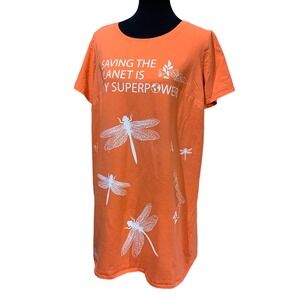 Hand Printed Upcycled 14W Saving the Planet Dragonfly Superpower Tee Shirt Dress
